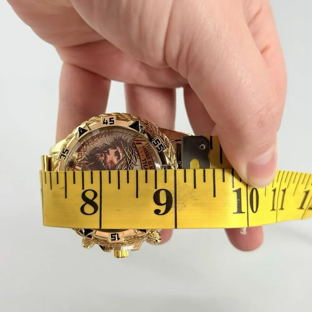 DEYROS Men's Gold Tone Watch Jesus Christ Religious Christian Quartz Wristwatch